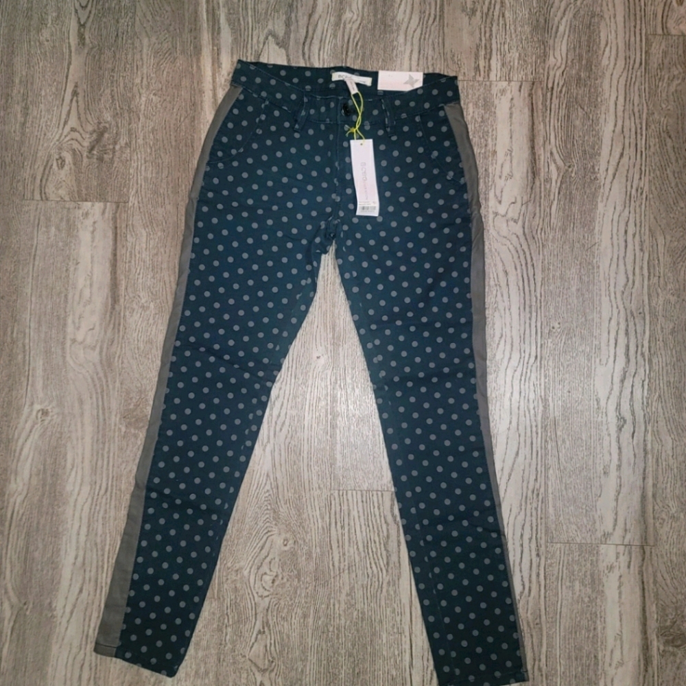 Brand new BCBG polkadot leather trim denim